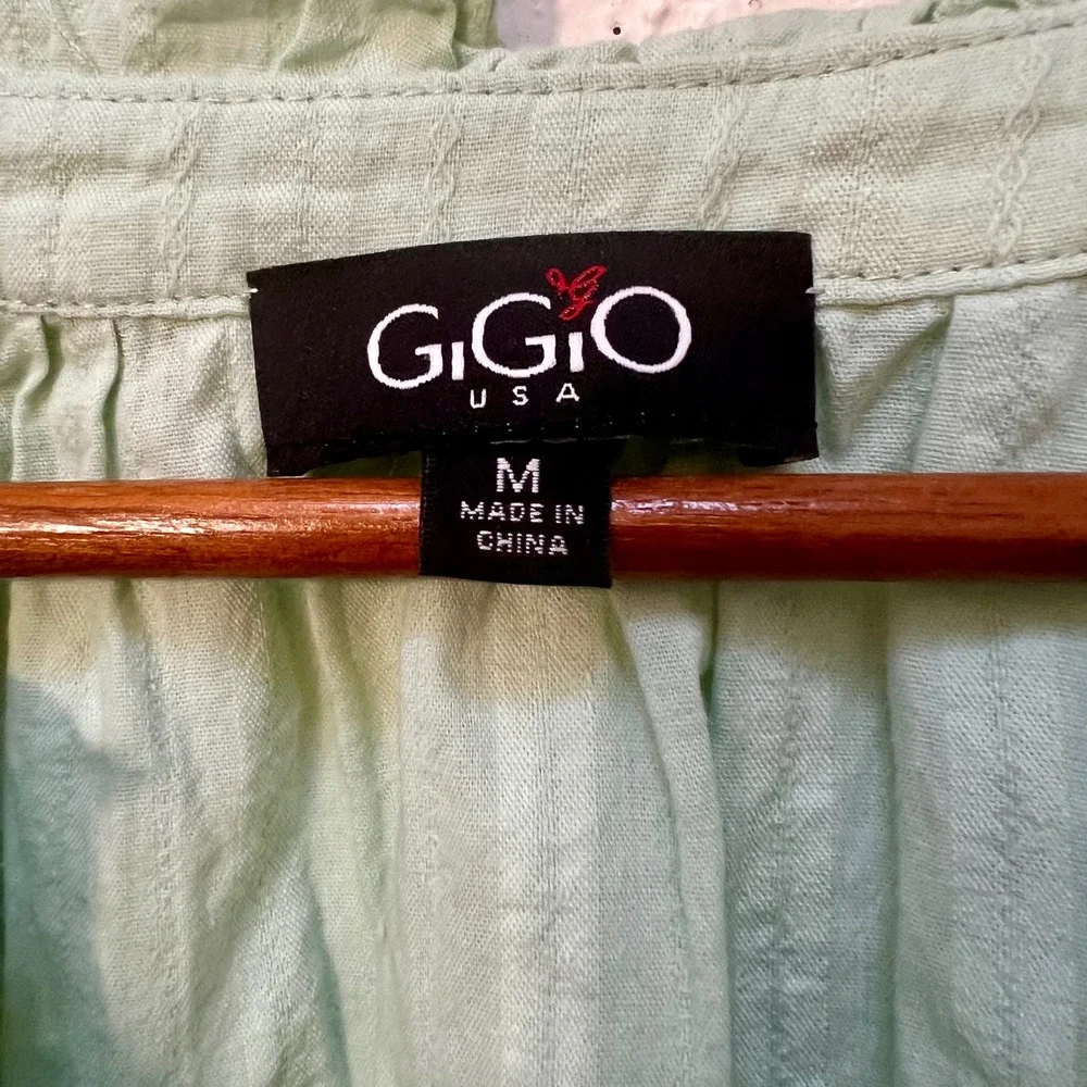 Gigio USA Floral Patchwork Tunic Top Green Boho Ruffle Blouse Medium Sheer - Picture 5 of 8